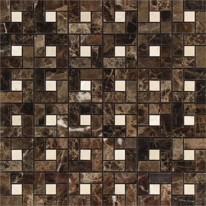 Emperador Dark Spanish Marble Pinwheel w/Crema Marfil dots Polished Mosaic Tile