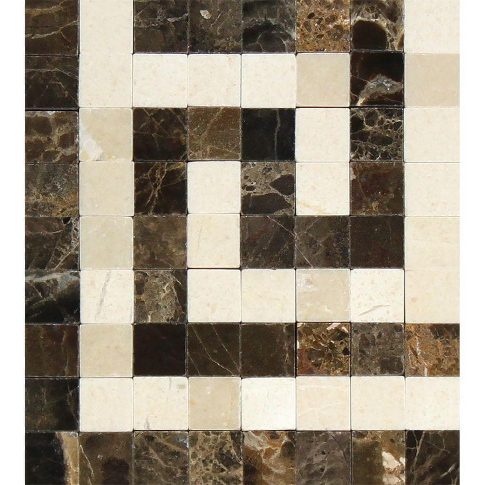 Emperador Dark Polished Marble Greek Key Corner (Emp. Dark + Crema Marfil)