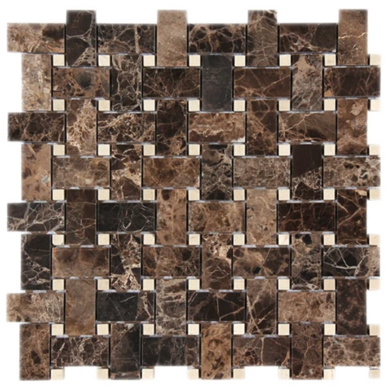 Emparador Dark with Crema Marfil dot Basketweave Polished Mosaic Tile
