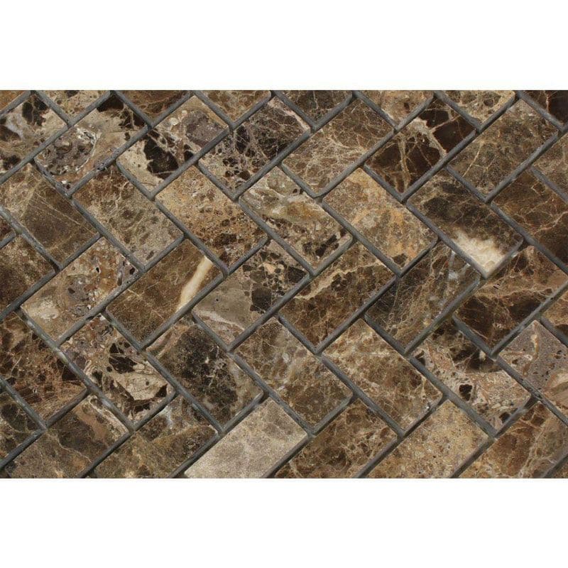 Emperador Dark Spanish Marble 1x2 Herringbone Polished Mosaic Tile