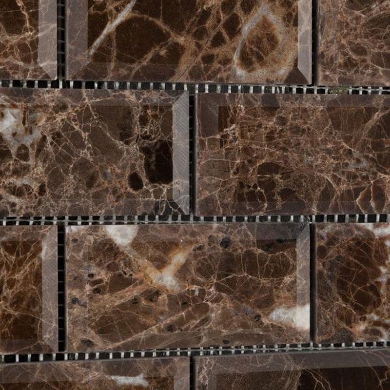Emperador Dark Spanish Marble 2x4 Deep Beveled Polished Mosaic Tile