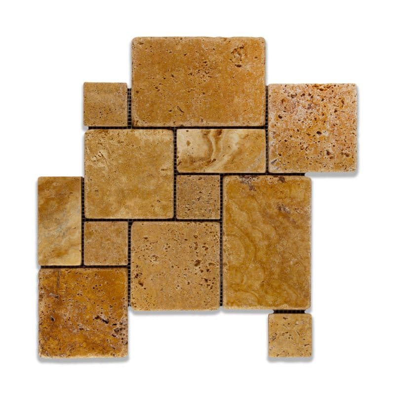 Gold Travertine Opus Mini Pattern Tumbled Mosaic Tile