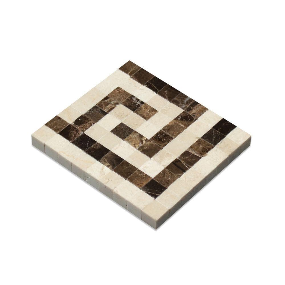 Crema Marfil Polished Marble Greek Key Corner (Crema Marfil + Emp. Dark)
