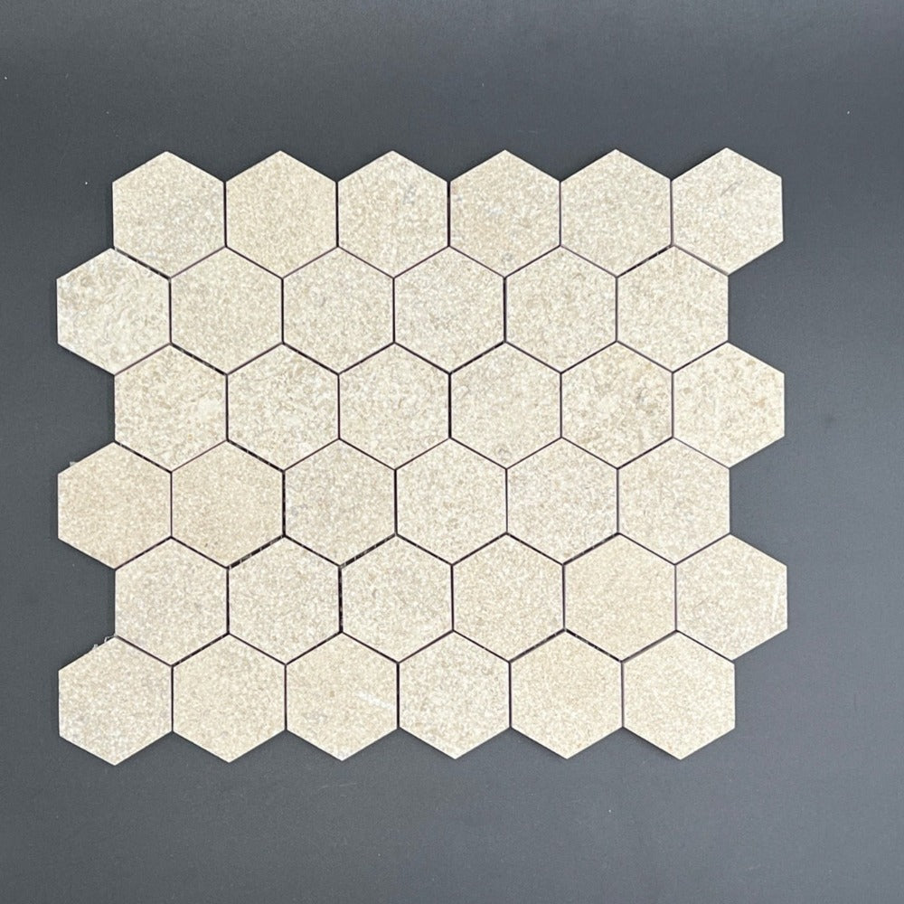 Mocha Cream Limestone 2x2 Antique Chanteau Hexagon Mosaic Tile (Clearance)