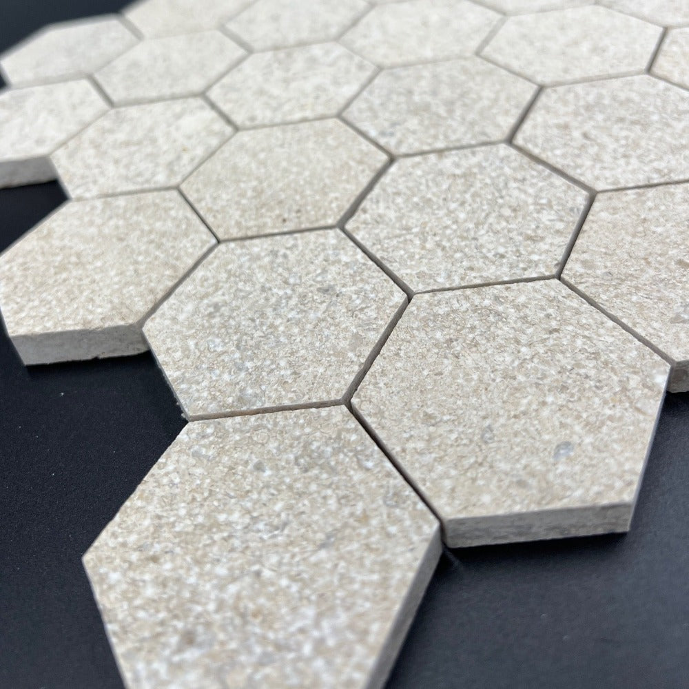 Mocha Cream Limestone 2x2 Antique Chanteau Hexagon Mosaic Tile (Clearance)