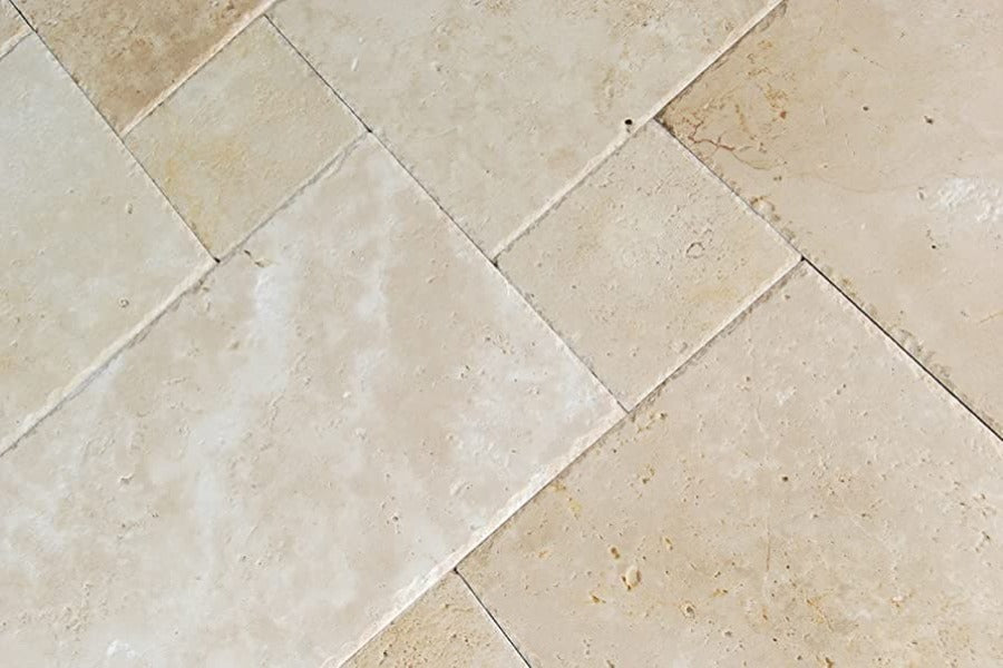 Ivory Travertine Brushed and Chiseled Versailles Pattern Tile