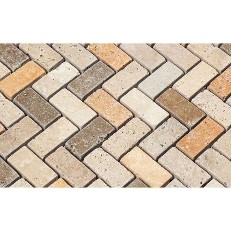 Mixed Travertine 1x2 Herringbone Tumbled Mosaic Tile
