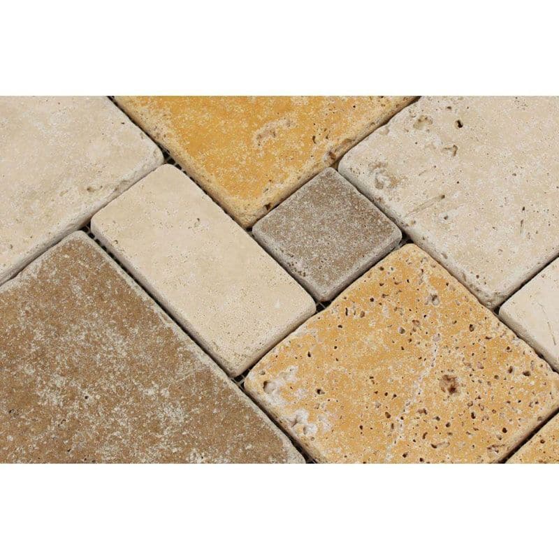 Mixed Travertine Opus Mini Pattern Tumbled Mosaic Tile