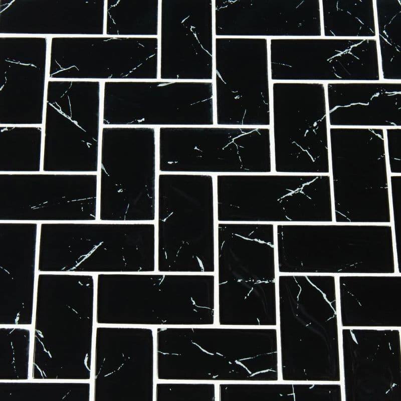 Nero Marquina 2x4 Herringbone Glass Mosaic Tile