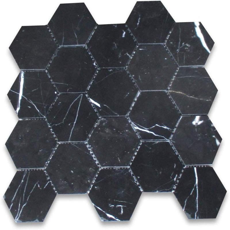 Nero Marquina Marble 3x3 Hexagon Polished Mosaic Tile