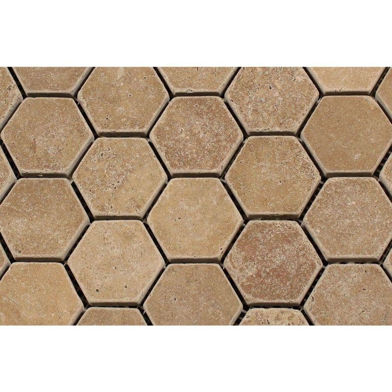 Noce Travertine 2x2 Hexagon Tumbled Mosaic Tile
