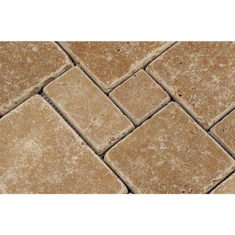 Noce Travertine Mini Pattern Tumbled Mosaic Tile