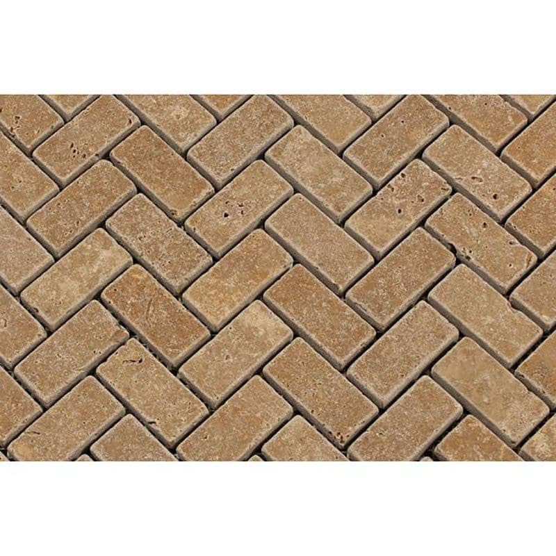 Noce Travertine 1x2 Herringbone Tumbled Mosaic Tile