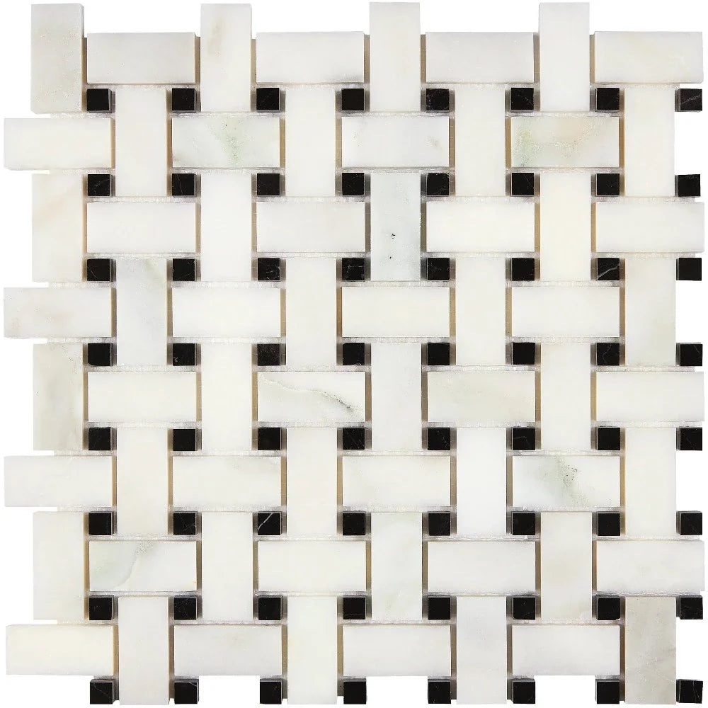 Calacatta Oliva Marble Basketweave w/Black Polished Mosaic Tile