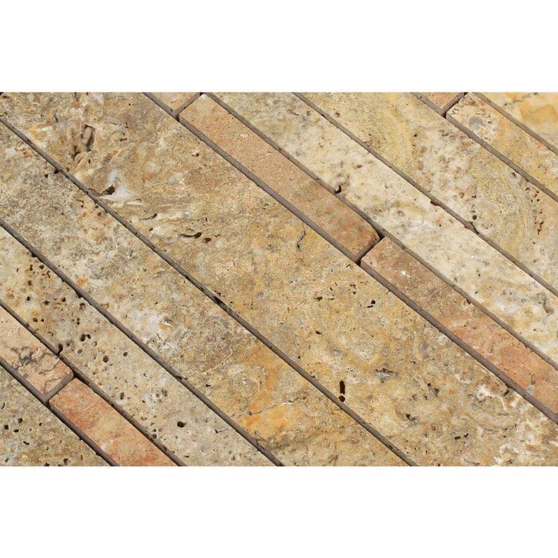 Scabos Travertine Random Strip Honed Mosaic Tile