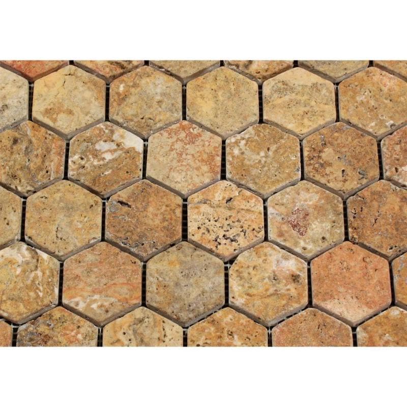 Scabos Travertine 2x2 Hexagon Tumbled Mosaic Tile