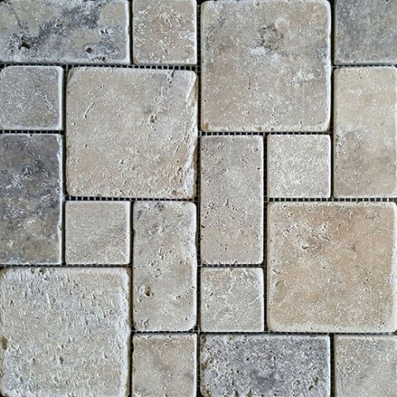 Silver Travertine Mini Pattern Tumbled Mosaic Tile