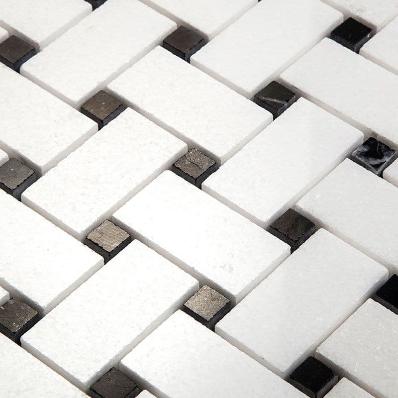 Thassos White Marble Honed Basketweave with Black Dots Mosaic Tile