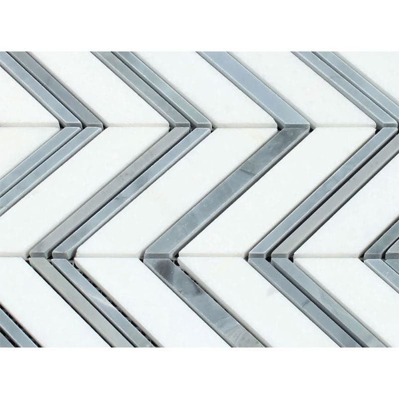 Thassos White Marble Chevron with Blue Strips Honed Mosaic Tile
