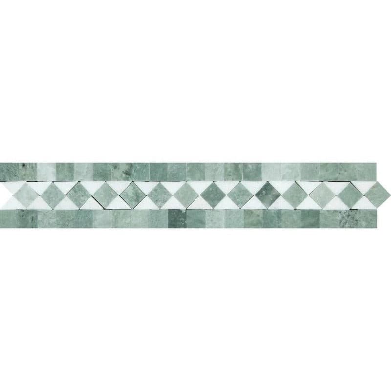 2 x 12 Honed Thassos White Marble BIAS Border w/ Ming Green Dots