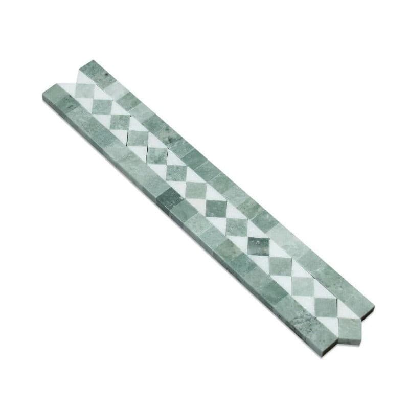 2 x 12 Honed Thassos White Marble BIAS Border w/ Ming Green Dots