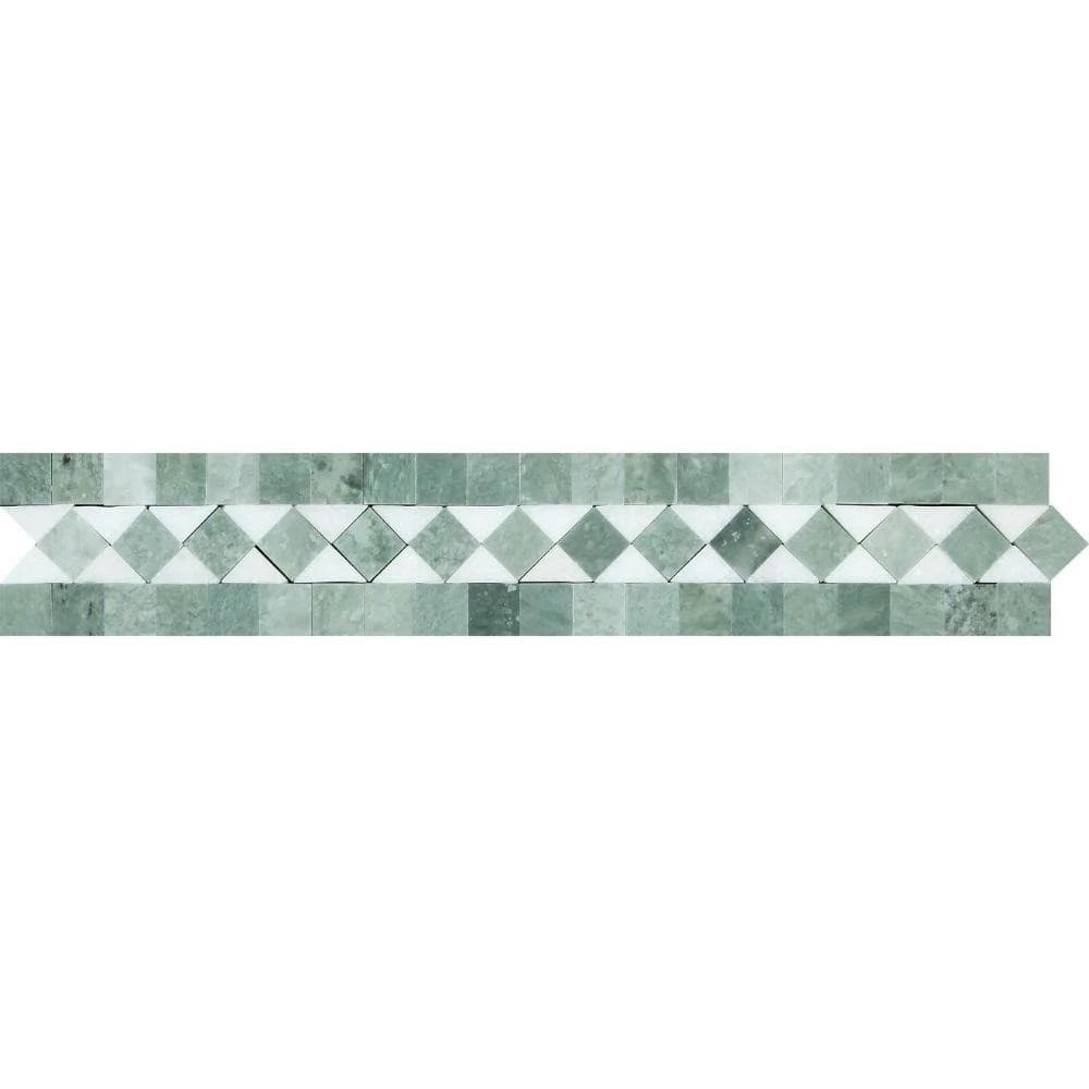 2 x 12 Polished Thassos White Marble BIAS Border w/ Ming Green Dots