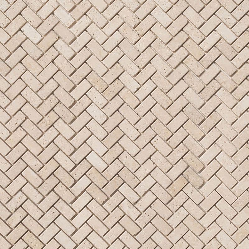 Ivory Travertine 1x2 Herringbone Tumbled Mosaic Tile