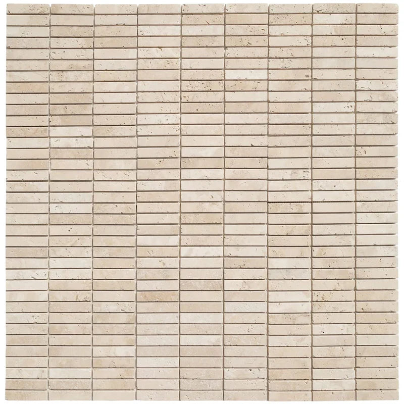 Ivory Travertine 1x4 Stacked Tumbled Mosaic Tile (Clearance)