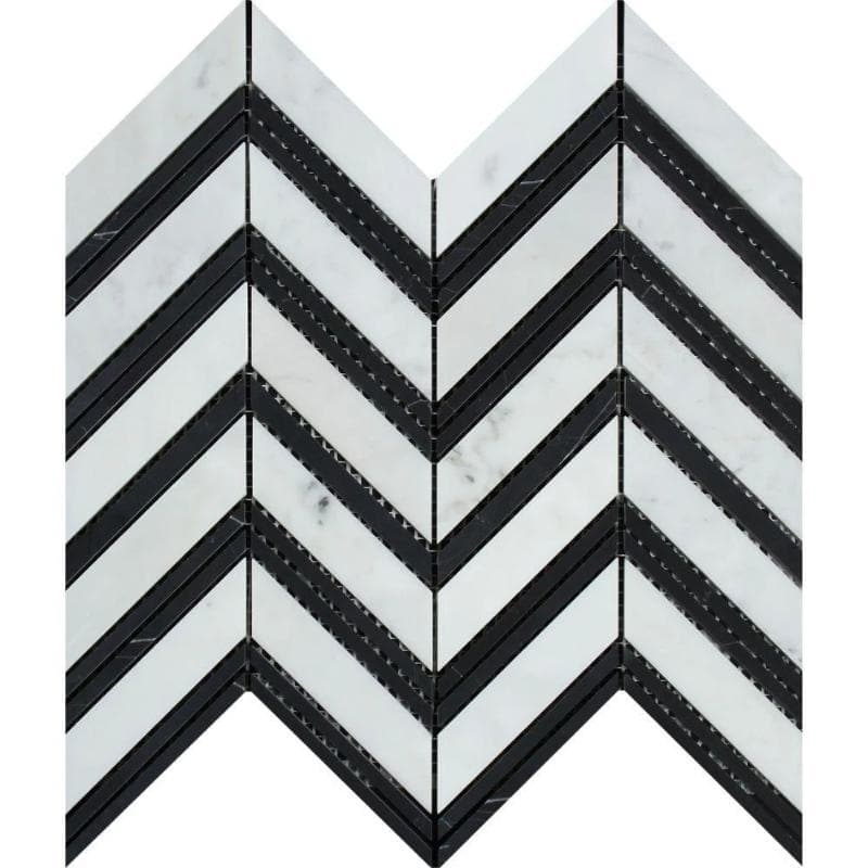 White Carrara Marble Chevron with Black Strips Polished Mosaic Tile