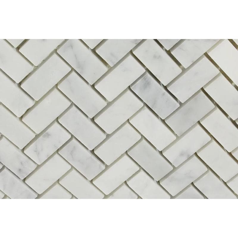 White Carrara Marble 5/8x1 1/4 Herringbone Polished Mosaic Tile