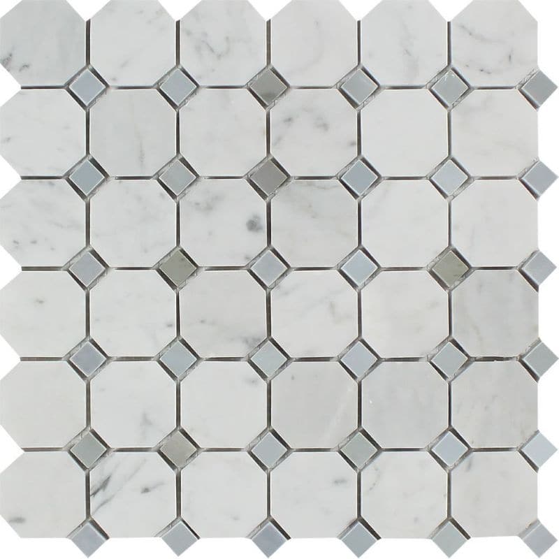White Carrara Marble Octagon with Blue Dots Polished Mosaic Tile